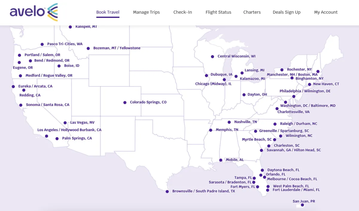 Avelo Airlines flightmap Flugrouten Karte 2023