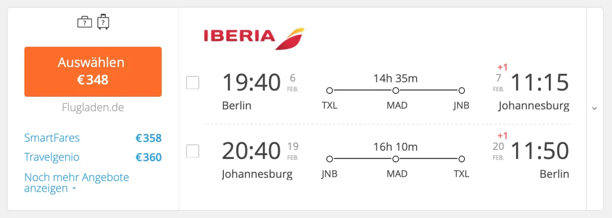 Iberia Berlin Johannesburg unter 350 Euro