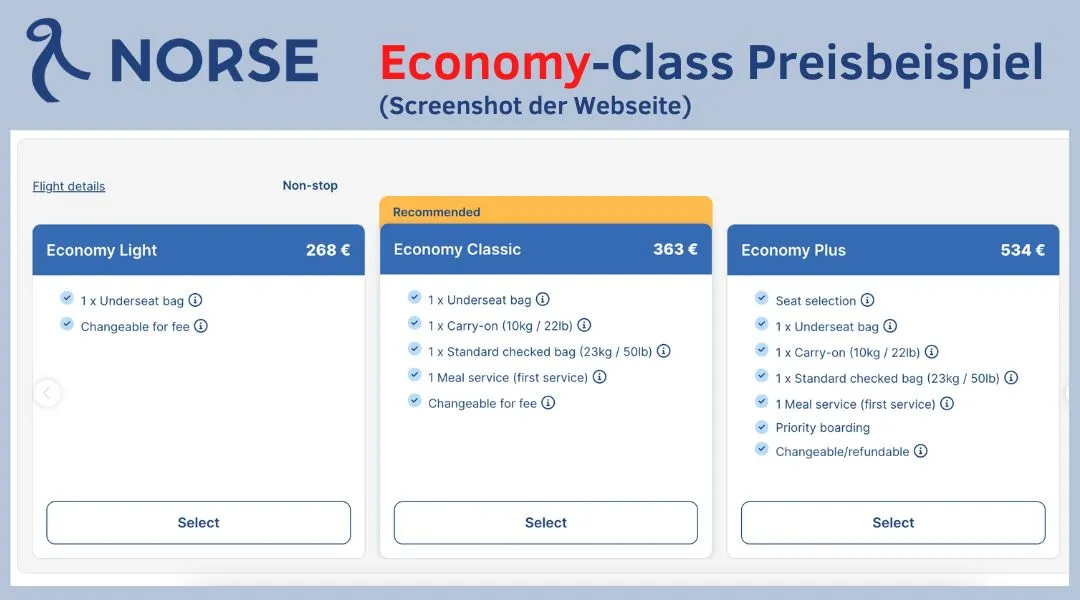 Norse Atlantic Economy Class Preisbeispiel