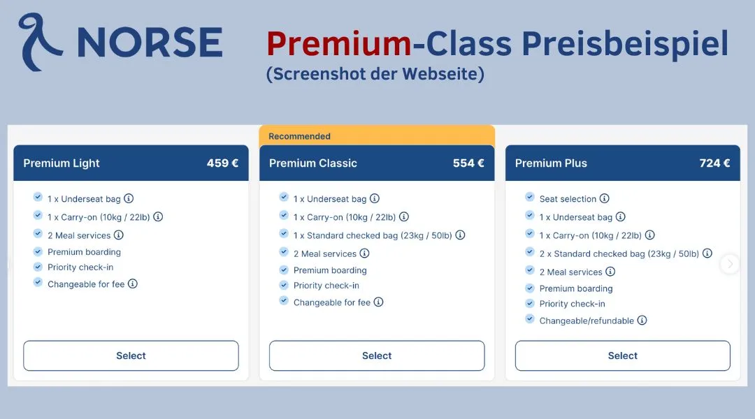 Norse Atlantic Premium Class Preisbeispiel