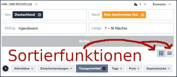 Sortierfunktion Flugsuche Tabelle Preisliste Karte